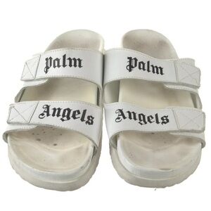 PALM ANGELS Sz 37/7 2 strap White LEATHER Sandals slides PRE OWNED/FLAWED